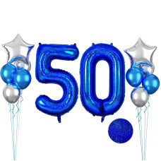 Glitter Blue Number 50 Balloon 40 Inch 50Th Birthday Balloons 12Pcs Metallic Blue Latex Balloons Metallic Silver Star Balloons