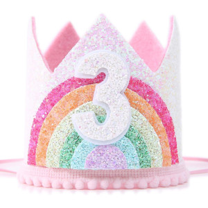 Sundecor Baby Princess Birthday Rainbow Crown Pink Glitter Headband Birthday Hat For Girls 3Rd Birthday Party Supplies Decorat