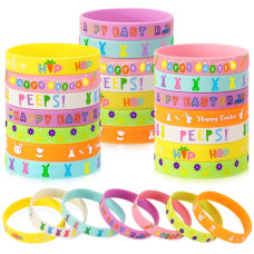 Junebrushs 42Pcs Easter Party Favors Silicone Bracelets Bunny Egg Carrot Chicks Flowers Rubber Wristbands Accessories For Easter