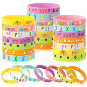 Junebrushs 42Pcs Easter Party Favors Silicone Bracelets Bunny Egg Carrot Chicks Flowers Rubber Wristbands Accessories For Easter