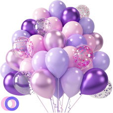 Lovestown 60Pcs Pink Purple Balloons 12 Inches Metallic Violet Garland Arch Kit Confetti Latex Balloons With Ribbon For Girls B