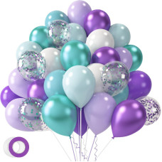 Lovestown 60Pcs Mermaid Balloons 12 Inches Green White Purple Party Confetti Metallic Latex Balloons With Ribbon For Girls Wedd