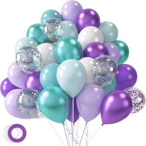 Lovestown 60Pcs Mermaid Balloons 12 Inches Green White Purple Party Confetti Metallic Latex Balloons With Ribbon For Girls Wedd