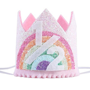 Sundecor Baby Princess Birthday Rainbow Crown 12 Glitter Headband Birthday Crown Birthday Hats For Kids Girls Birthday Photo P