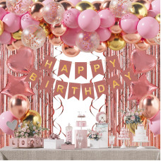 Rubfac Rose Gold Birthday Decorations For Girls Happy Birthday Banner Rose Gold Fringe Curtain Heart Star Foil Confetti Ballo