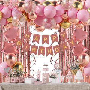 Rubfac Rose Gold Birthday Decorations For Girls Happy Birthday Banner Rose Gold Fringe Curtain Heart Star Foil Confetti Ballo