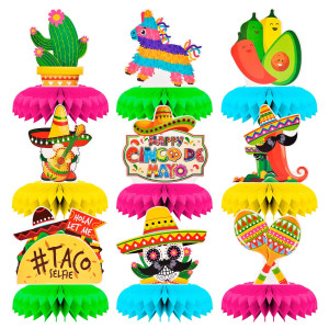 9 Pieces Cinco De Mayo Festival Honeycomb Centerpieces Table Decor Mexican Fiesta Vibrant Cactus Piata Taco And Sombrero Patt