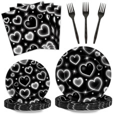 Qyeahkj 100 Pcs 2000S Party Plates Napkins Forks Set Black Heart Tableware Supplies Y2K Theme Birthday Party Decoration Early 20