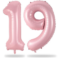 19Th Birthday Balloon For Girls 40 Inch Pastel Pink Number 19 Foil Balloons Self Inflating Big Mylar Helium Light Pink 19 Ball