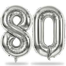 Silver 80Th Birthday Balloons For Men 40 Inch Mylar Self Inflating 80 Balloon Numbers Large Foil 8 And 0 Helium Number Balloon