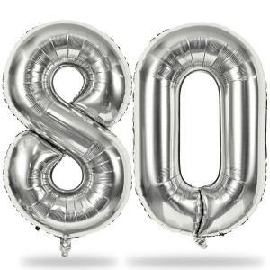 Silver 80Th Birthday Balloons For Men 40 Inch Mylar Self Inflating 80 Balloon Numbers Large Foil 8 And 0 Helium Number Balloon