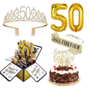 50Th Birthday Decorations Women 50Th Birthday Gifts Women Gold Include 50Th Birthday Crown 50Th Birthday Sash With Pearl Pin 3D