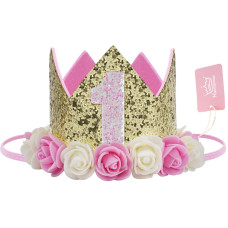 Baby Birthday Crown Princess Crowns Tiara Party Hat With Gold Glitter And Pink Roses For Birthday Party Decorations