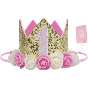 Baby Birthday Crown Princess Crowns Tiara Party Hat With Gold Glitter And Pink Roses For Birthday Party Decorations