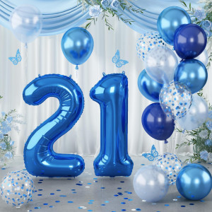 Foil Number Balloons 21 40 21St Birthday Balloon With Pastel Navy Dark Blue Silver Confetti Helium Balloon Self Inflating Bi