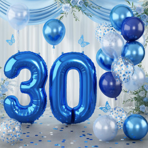 Number 30 Balloon Pastel Blue For Kids Xxl 30Th Birthday Decor Foil Balloon Dark Navy Blue With Silver Confetti Helium Balloon