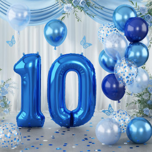 Dark Blue Number 10 Balloon 40 Inch Large Balloon 10 With Metallic Light Navy Blue Silver Confetti Balloon Self Inflating Heli