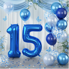 15Th Birthday Balloon For Boys Foil 40 Inch Self Inflating Balloon Number 15 Metallic Dark Blue Navy Blue 15 Mylar Large Ballo