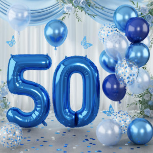 50Th Birthday Balloon For Boys Foil 40 Inch Self Inflating Balloon Number 50 Metallic Dark Blue Navy Blue 50 Mylar Large Ballo