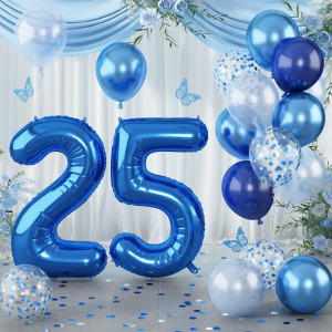 Navy Blue 25Th Birthday Balloon Giant Self Inflating Number 25 Balloon Light Metallic Dark Blue Silver Confetti Balloon Foil 4