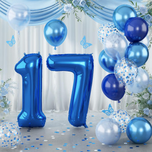 Giant Number Foil Balloon 17 Dark Blue Self Inflating 17Th Birthday Balloon For Men 40 17 Balloon Light Navy Blue With Metal