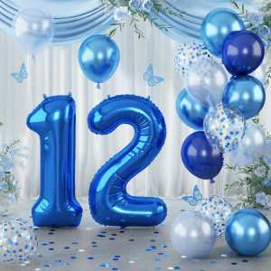 Navy Blue 12Th Birthday Balloon Giant Self Inflating Number 12 Balloon Light Metallic Dark Blue Silver Confetti Balloon Foil 4