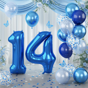 Large Foil Number 14 Balloons Big Light Navy Blue 14 Helium Balloon With Metallic Silver Confetti Balloon For Boy 14Th Birthday