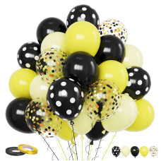 Funhot Yellow Black Balloons 60 Pcs Bee Party Balloon 12 Inch Matt Pastel Yellow Black Dot Latex Balloons Confetti Balloon For