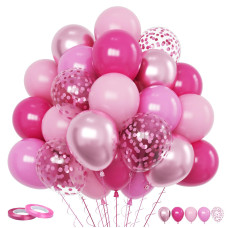 Funhot Pink Balloons Set 60Pcs Hot Pink Latex Balloons 12Inch Pink Confetti Balloon Pastel Pink Metallic Party Balloons Helium