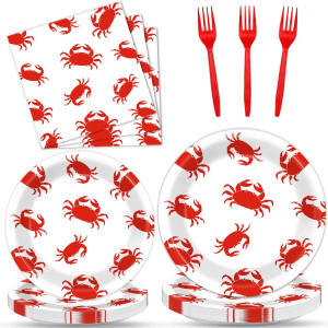 Qyeahkj 100 Pcs Crab Party Decoration Crab Boil Party Paper Plate Napkin Fork Set Summer Crab Dinnerware Tableware Crab Seafood