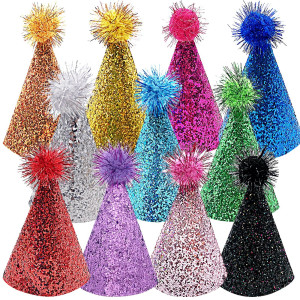 Sundecor Birthday Party Cone Hats Lovely Glitter Shiny Party Hat Cone Paper Hats With Pom Pom For Birthday Party Games Accessor