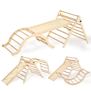 Giant Bean Large Foldable Pikler Triangle Set With Sliding Ramp Climbing Arch Ramp 5In1 Wooden Toddler Climbing Toys Indoor