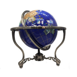 Unique Art 21Inch Tall Blue Lapis Ocean Table Top Gemstone World Globe With Silver Tripod And Separated State Stones