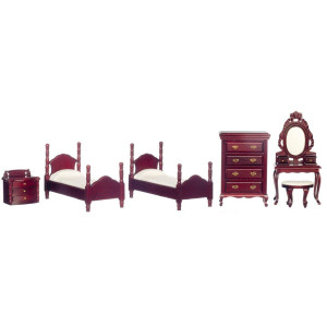 Dollhouse Miniature Twin Bedroom Set In Mahogany