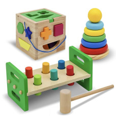 Waliki Pounding Bench With Hammer Wood Shape Sorter Box Rainbow Stacker Complete Set 3 Wooden Toys Bundle