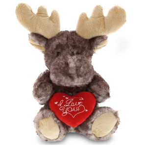 Dollibu I Love You Valentine Plush Brownish Sitting Moose Cute Stuffed Animal With Red Heart And Name Personalization Gift For