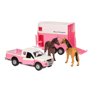 Van Manen 520124 Kids Globe Traffic Mitsubishi L200 With Horse Trailer And Retractable Motor Pink