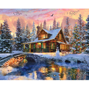 Springbok Rocky Mountain Christmas 1000 Piece Jigsaw Puzzle Cabin In The Woods Nestled In The Mountains