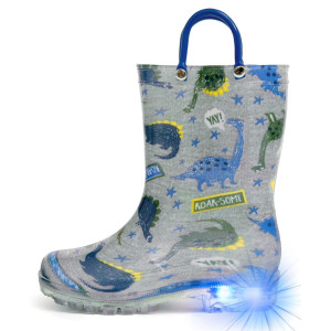 Hugrain Toddler Boys Rain Boots Baby Little Kids Light Up Printed Waterproof Shoes Lightweight Rubber Adorable Grey Dinosaur Wit