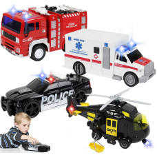 TeganPlay 4-Pack Emergency Vehicles Toy Set with Lights & Sounds