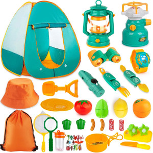 Aokiwo 45Pcs Kids Camping Tent Set Pop Up Play Tent With Camping Gear Tools Indoor Outdoor Pretend Play Set For Toddler Boysgi