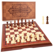 Amerous 15 Magnetic Wooden Chess Set Folding Board 2 Extra Queens Chessmen Storage Slots Gift Package Travel Chess Board