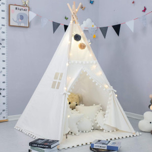 Xiaowantong Teepee Tent For Kids With Padded Mat Foldable Play Tent With Carry Bag For Indoor Outdoor Pompom Lace Cotton Canva