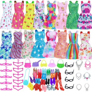 Bjdbus 42 Pcs Doll Clothes And Accessories Including 10 Pcs Fashion Mini Dresses 32 Pcs Shoes Glasses Necklaces Handbag Hang