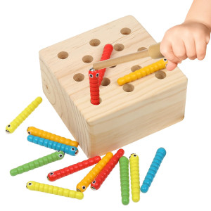 Boxiki Kids Wooden Montessori Toys For Babies Toddlers Kids Fine Motor Skills Magnetic Worm Game For 3 Years Old