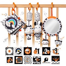 Tumama Black And White Baby Toys High Contrast Baby Tummy Time Toys Newborn Soft Books Mirror Rattles Montessori Sensory Toys