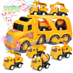 Construction Truck Toys Set For 1 2 3 4 Years Old Toddlers Kids Boys And Girls Car Carrier Vehicle Set Toy With Sound And Light