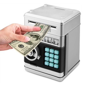 Adsoner Toy Piggy Bank Electronic Atm Password Cash Coin Can Auto Scroll Paper Money Saving Box Gift For Kids Silvery