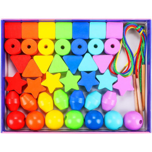 Atoylink 42Pcs Lacing Beads Montessori Toys For Toddlers Wooden Primary String Threading Beads Rainbow Lacing Toy Preschool Fine