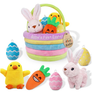 Ivenf Babys First Easter Basket Playset 7Ct Stuffed Plush Bunny Chick Carrot Egg For Girls Boys Easter Theme Party Favors Stu